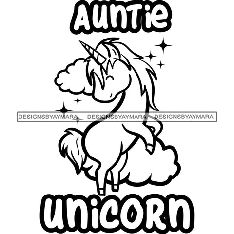 Cute Auntie Unicorn Clouds Lovely Family Celebration Fantasy Fairytale B/W SVG JPG PNG Vector Clipart Cricut Silhouette Cut Cutting