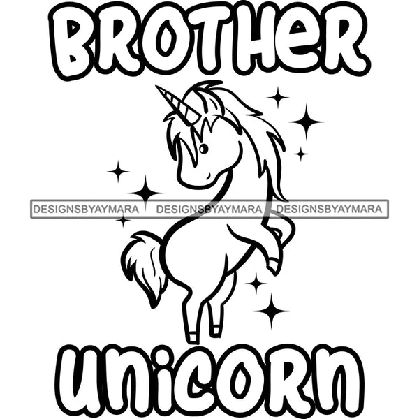 Cute Brother Unicorn Clouds Lovely Family Celebration Fantasy Fairytale B/W SVG JPG PNG Vector Clipart Cricut Silhouette Cut Cutting