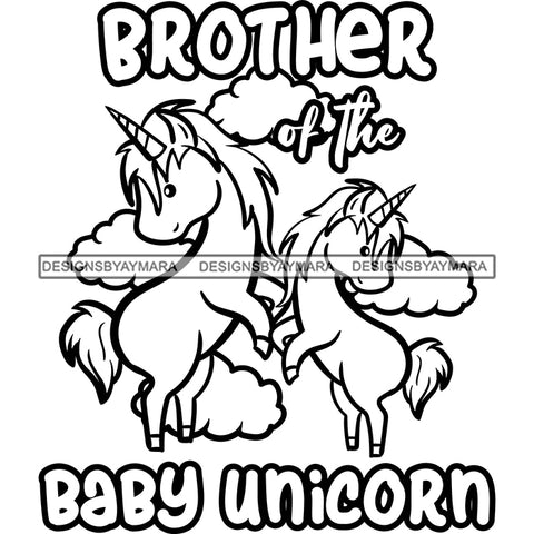 Cute Brother Baby Unicorns Clouds Lovely Family Celebration Fantasy Fairytale B/W SVG JPG PNG Vector Clipart Cricut Silhouette Cut Cutting