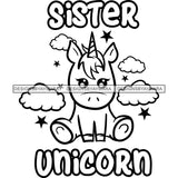 Cute Sister Unicorn Loving Family Celebration Happiness Fantasy Fairytale B/W SVG JPG PNG Vector Clipart Cricut Silhouette Cut Cutting