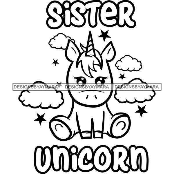 Cute Sister Unicorn Loving Family Celebration Happiness Fantasy Fairytale B/W SVG JPG PNG Vector Clipart Cricut Silhouette Cut Cutting