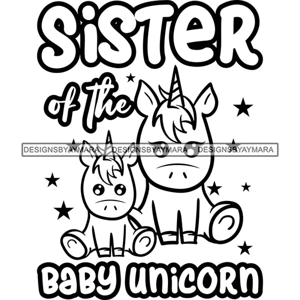 Cute Sister Baby Unicorns Together Family Celebration Happiness Fantasy Fairytale B/W SVG JPG PNG Vector Clipart Cricut Silhouette Cut Cutting