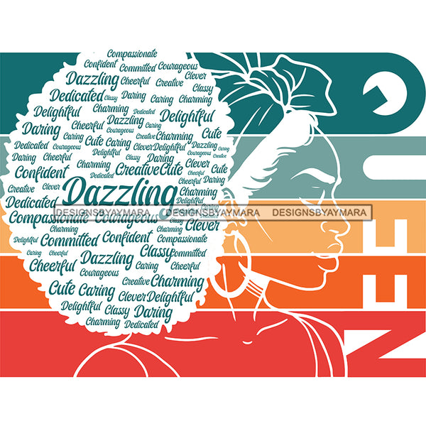 Dazzling Melanin Queen In Green And Orange With Words In Her Hair  SVG JPG PNG Vector Clipart Cricut Silhouette Cut Cutting