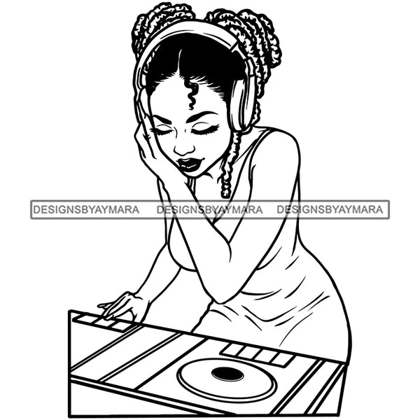 DJ Woman Music Disc Scratching Night Club Dreadlocks Locs Dreads Hairstyle Sisterlocks Melanin Nubian Black Girl Magic SVG JPG PNG Vector Clipart Cricut Silhouette Cut Cutting