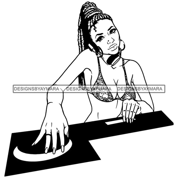 DJ Woman Music Disc Scratching Night Club Dreadlocks Locs Dreads Hairstyle Sisterlocks Melanin Nubian Black Girl Magic SVG JPG PNG Vector Clipart Cricut Silhouette Cut Cutting