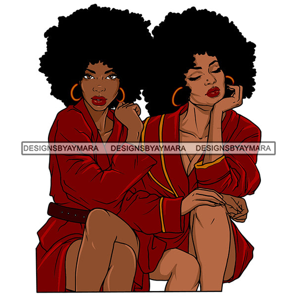 Melanin Women Best Friends Sisters Afro Kinky Hairstyle Hoop Earrings Nubian Black Girl Magic Red Outfit SVG JPG PNG Vector Clipart Cricut Silhouette Cut Cutting