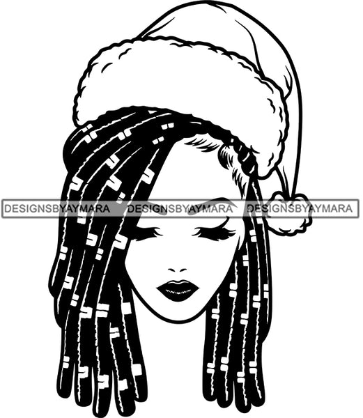 Afro Girl Wearing Santa Hat Dreadlocks Hairstyle Black Woman Christmas Celebration Melanin Nubian Queen SVG Cutting Files For Silhouette Cricut And More