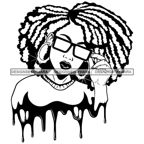 Beautiful Afro Woman Dripping Sunglasses Lovely Dreadlocks Hairstyle Illustration B/W SVG JPG PNG Vector Clipart Cricut Silhouette Cut Cutting