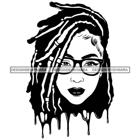 Beautiful Afro Woman Dripping Glasses Unique Dreadlocks Hairstyle Illustration B/W SVG JPG PNG Vector Clipart Cricut Silhouette Cut Cutting