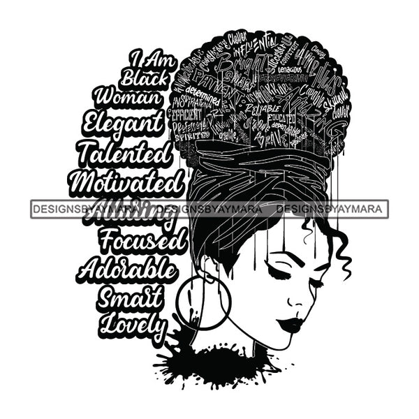 Black Diva Goddess Motivational Hair Quotes I Am Beautiful Dripping Splash Earrings B/W SVG JPG PNG Vector Clipart Cricut Silhouette Cut Cutting