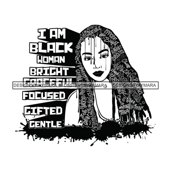 Black Diva Goddess Motivational Hair Quotes I Am Powerful Dripping Splash B/W SVG JPG PNG Vector Clipart Cricut Silhouette Cut Cutting