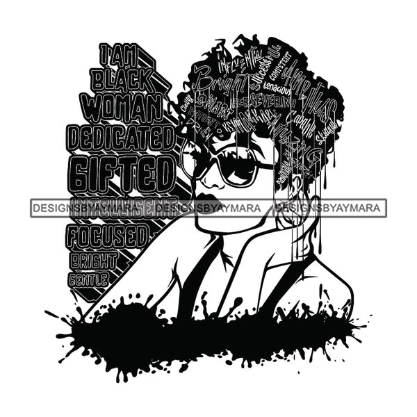 Black Diva Goddess Motivational Hair Quotes I Am Hard Worker Dripping Splash B/W SVG JPG PNG Vector Clipart Cricut Silhouette Cut Cutting