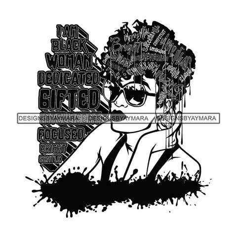 Black Diva Goddess Motivational Hair Quotes I Am Hard Worker Dripping Splash B/W SVG JPG PNG Vector Clipart Cricut Silhouette Cut Cutting