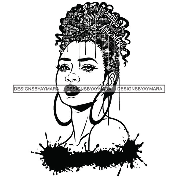 Black Diva Goddess Successful Motivational Hair Quotes Dripping Splash Earrings B/W SVG JPG PNG Vector Clipart Cricut Silhouette Cut Cutting
