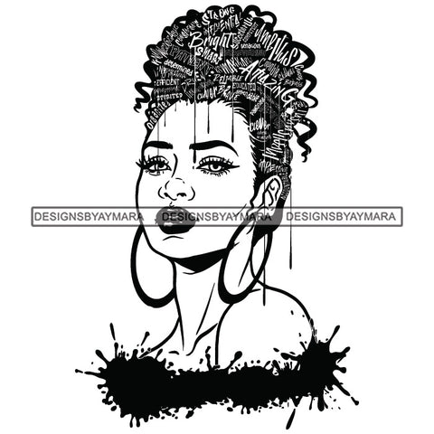 Black Diva Goddess Successful Motivational Hair Quotes Dripping Splash Earrings B/W SVG JPG PNG Vector Clipart Cricut Silhouette Cut Cutting