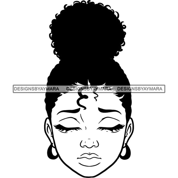 Beautiful Black Girl Face Sad Depressed Facial Expression Illustration B/W SVG JPG PNG Vector Clipart Cricut Silhouette Cut Cutting