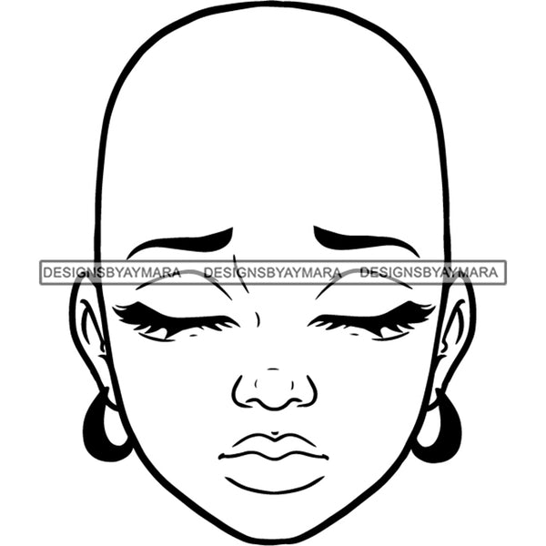 Bald Black Woman Face Sad Depressed Facial Expression Illustration B/W SVG JPG PNG Vector Clipart Cricut Silhouette Cut Cutting