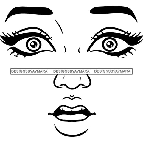 Transparent Black Woman Face Scared Afraid Facial Expression Illustration B/W SVG JPG PNG Vector Clipart Cricut Silhouette Cut Cutting