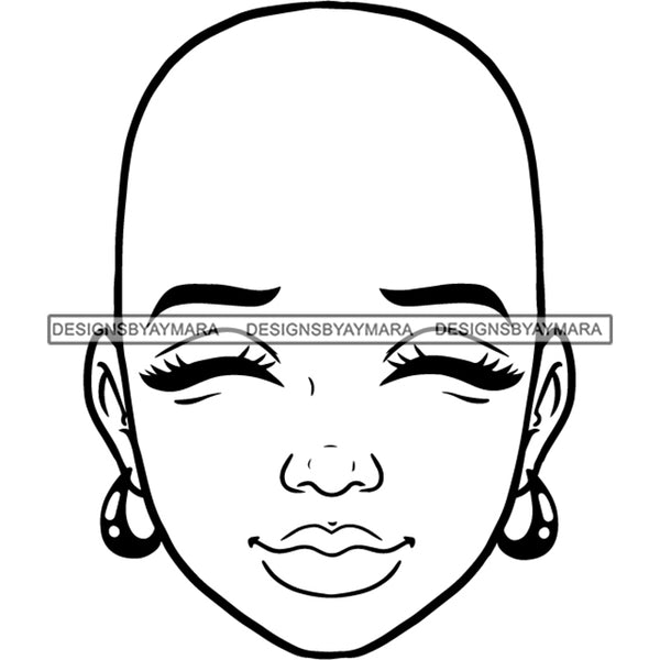 Bald Black Woman Face Embarrassed Shy Facial Expression Illustration B/W SVG JPG PNG Vector Clipart Cricut Silhouette Cut Cutting