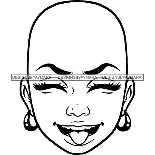 Bald Black Woman Face Laughing Funny Facial Expression Illustration B/W SVG JPG PNG Vector Clipart Cricut Silhouette Cut Cutting