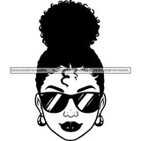 Beautiful Black Girl Face Sunglasses Smiling Happy Facial Expression Illustration B/W SVG JPG PNG Vector Clipart Cricut Silhouette Cut Cutting