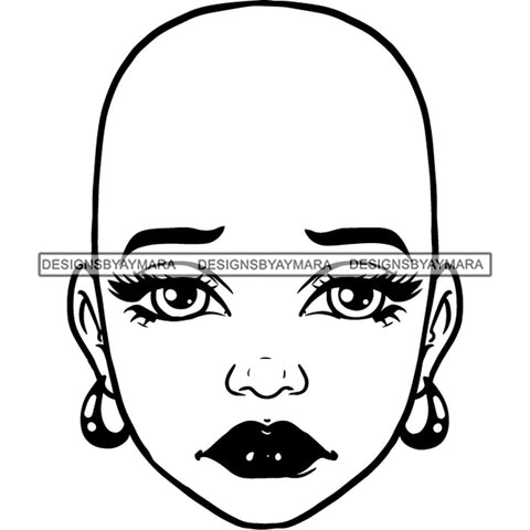 Bald Black Woman Face Melancholic Discouraged Facial Expression Illustration B/W SVG JPG PNG Vector Clipart Cricut Silhouette Cut Cutting