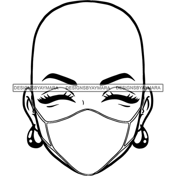 Bald Black Woman Face Wearing Facial Mask Illustration B/W SVG JPG PNG Vector Clipart Cricut Silhouette Cut Cutting