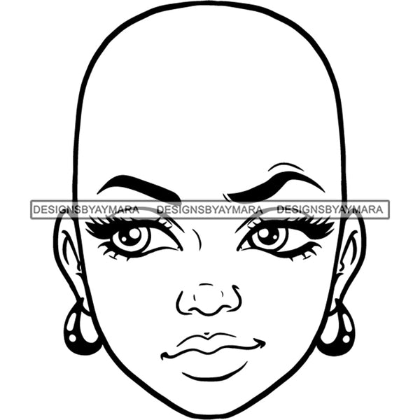 Bald Black Woman Face Confused Disconnected Facial Expression Illustration B/W SVG JPG PNG Vector Clipart Cricut Silhouette Cut Cutting