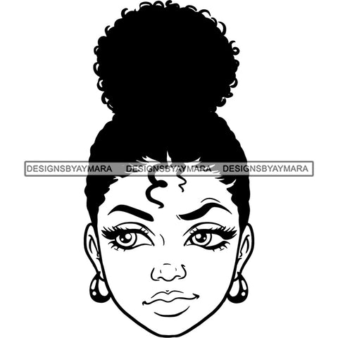 Beautiful Black Girl Face Confused Disconnected Facial Expression Illustration B/W SVG JPG PNG Vector Clipart Cricut Silhouette Cut Cutting