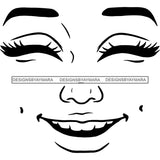 Transparent Black Woman Face Happy Smiling Facial Expression Illustration B/W SVG JPG PNG Vector Clipart Cricut Silhouette Cut Cutting