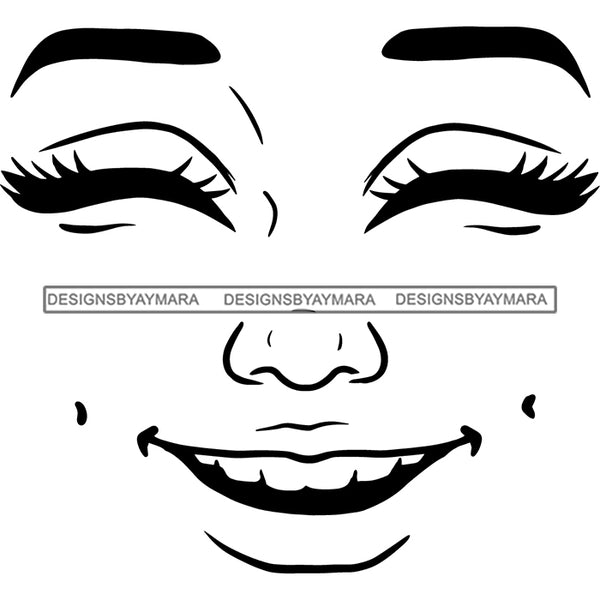 Transparent Black Woman Face Happy Smiling Facial Expression Illustration B/W SVG JPG PNG Vector Clipart Cricut Silhouette Cut Cutting