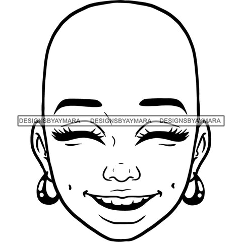 Bald Black Woman Face Happy Smiling Facial Expression Illustration B/W SVG JPG PNG Vector Clipart Cricut Silhouette Cut Cutting