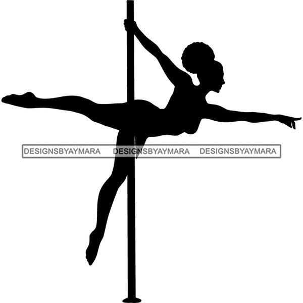 Sexy Black Girl Striptease Dancer Silhouette Acrobatic Performer Illustration B/W SVG JPG PNG Vector Clipart Cricut Silhouette Cut Cutting