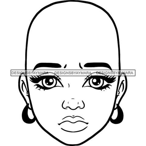 Bald Black Woman Face Neutral Calm Emotional Facial Expression Illustration B/W SVG JPG PNG Vector Clipart Cricut Silhouette Cut Cutting