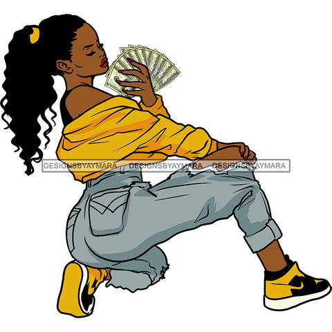 Black Woman Holding Money Gold Yellow Top And Shoes In Color JPG  PNG Clipart Cricut Silhouette Cut Cutting