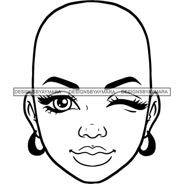 Bald Black Woman Face Playful Flirtatious Facial Expression Illustration B/W SVG JPG PNG Vector Clipart Cricut Silhouette Cut Cutting