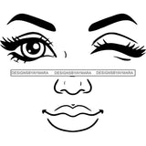 Transparent Black Woman Face Playful Flirtatious Facial Expression Illustration B/W SVG JPG PNG Vector Clipart Cricut Silhouette Cut Cutting