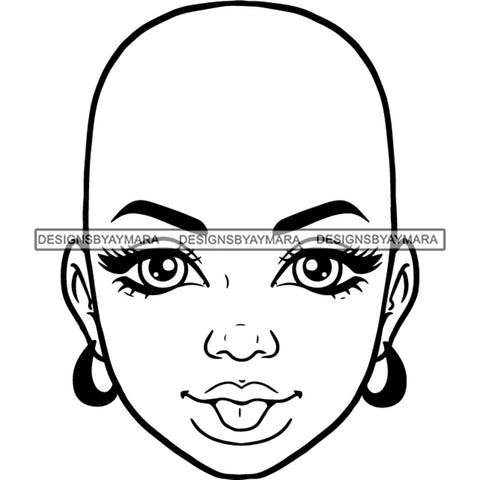 Bald Black Woman Face Playful Funny Facial Expression Illustration B/W SVG JPG PNG Vector Clipart Cricut Silhouette Cut Cutting