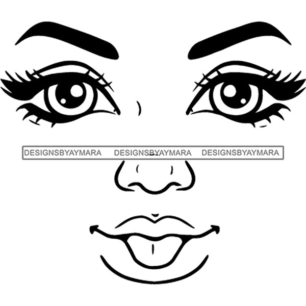 Transparent Black Woman Face Playful Funny Facial Expression Illustration B/W SVG JPG PNG Vector Clipart Cricut Silhouette Cut Cutting