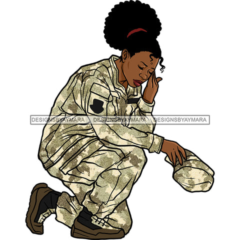 Military Woman Female Sister Kneeling Hat Off Camouflage Clothing Camo Uniform Soldier Graphic  Skillz JPG PNG  Clipart Cricut Silhouette Cut Cutting