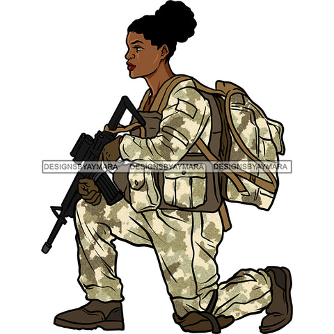 Military Woman Female Sister Kneeling Tan Camouflage Clothing Camo Backpack Gun Weapon Rifle Uniform Soldier Boots Knee Pads Graphic  Skillz JPG PNG  Clipart Cricut Silhouette Cut Cutting
