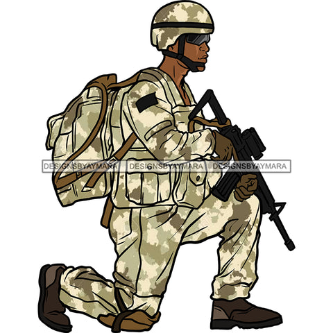 Military Man Male Kneeling Wearing Helmet Holding Rifle Tan Camouflage Clothing Camo Uniform Soldier Boots Backpack Graphic  Skillz JPG PNG  Clipart Cricut Silhouette Cut Cutting