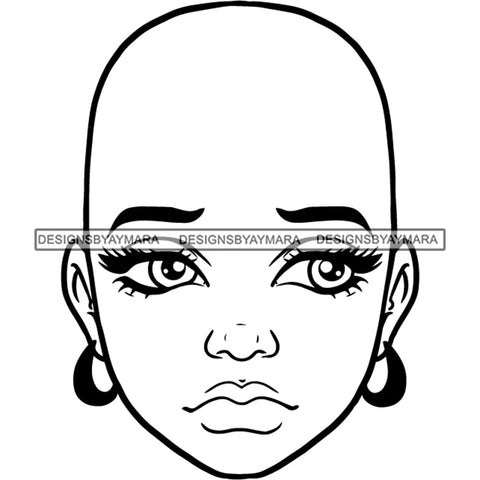 Bald Black Woman Face Sad Unhappy Facial Expression Illustration B/W SVG JPG PNG Vector Clipart Cricut Silhouette Cut Cutting