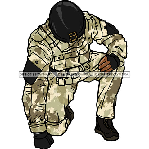 Military Man Male Kneeling Wearing Black Helmet Gloves Fist On Ground Tan Camouflage Clothing Camo Uniform Soldier Boots Graphic  Skillz JPG PNG  Clipart Cricut Silhouette Cut Cutting