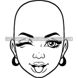 Bald Black Woman Face Playful Humorous Facial Expression Illustration B/W SVG JPG PNG Vector Clipart Cricut Silhouette Cut Cutting