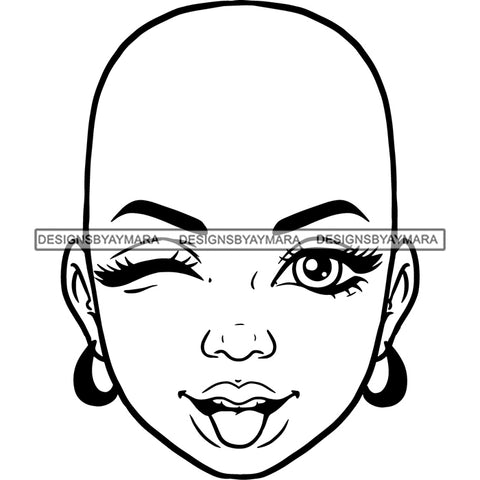 Bald Black Woman Face Playful Humorous Facial Expression Illustration B/W SVG JPG PNG Vector Clipart Cricut Silhouette Cut Cutting