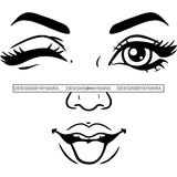 Transparent Black Woman Face Playful Humorous Facial Expression Illustration B/W SVG JPG PNG Vector Clipart Cricut Silhouette Cut Cutting