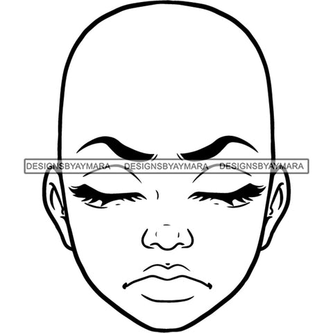 Bald Black Woman Face Unhappy Miserable Facial Expression Illustration B/W SVG JPG PNG Vector Clipart Cricut Silhouette Cut Cutting