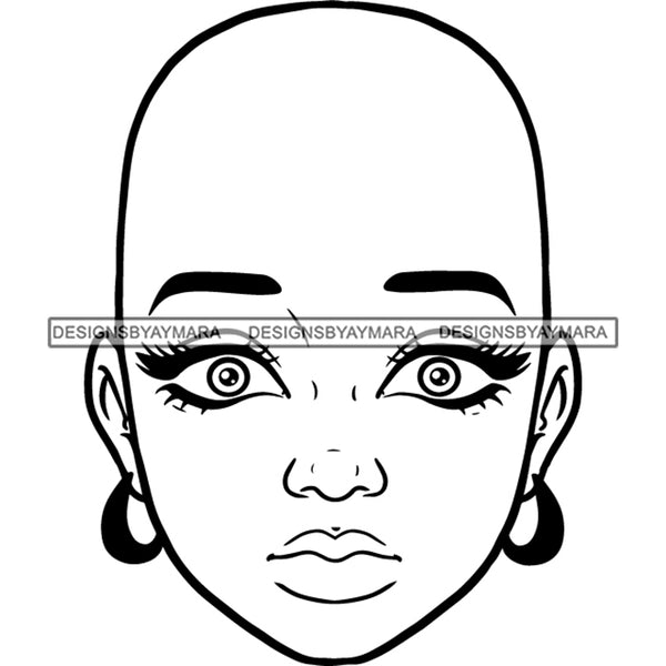 Bald Black Woman Face Astonished Amazed Facial Expression Illustration B/W SVG JPG PNG Vector Clipart Cricut Silhouette Cut Cutting