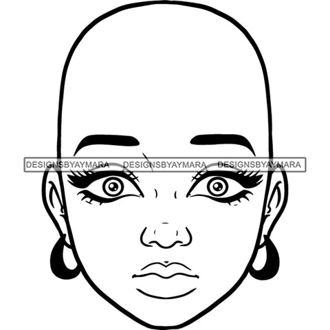 Bald Black Woman Face Astonished Amazed Facial Expression Illustration B/W SVG JPG PNG Vector Clipart Cricut Silhouette Cut Cutting